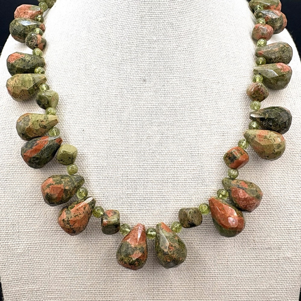 Vintage Unakite Natural Stone Beaded Statement Choker Necklace 17" 1/20 12KT GF‎